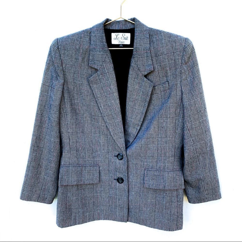 Vintage Le Suit Petite  Black White Plaid Blazer